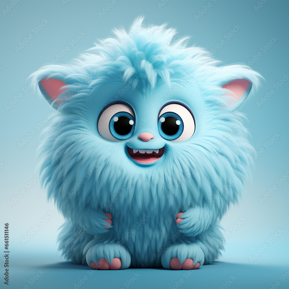 Cute blue fluffy monster 3D cartoon character, Generative AI