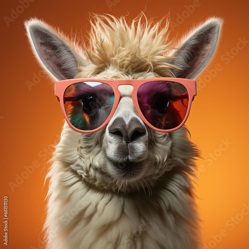 Creative animal concept. A llama wearing sunglasses isolated on a monochrome pastel background, Generative AI