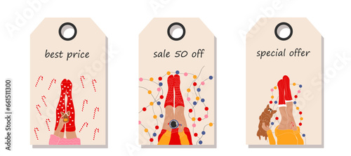 Vector set of discount price tags. Labels with  female legs in Christmas socks, with a garland, a cup of coffee, Christmas cookies and Christmas candy, and with corgi dog. Template for shopping tags. 