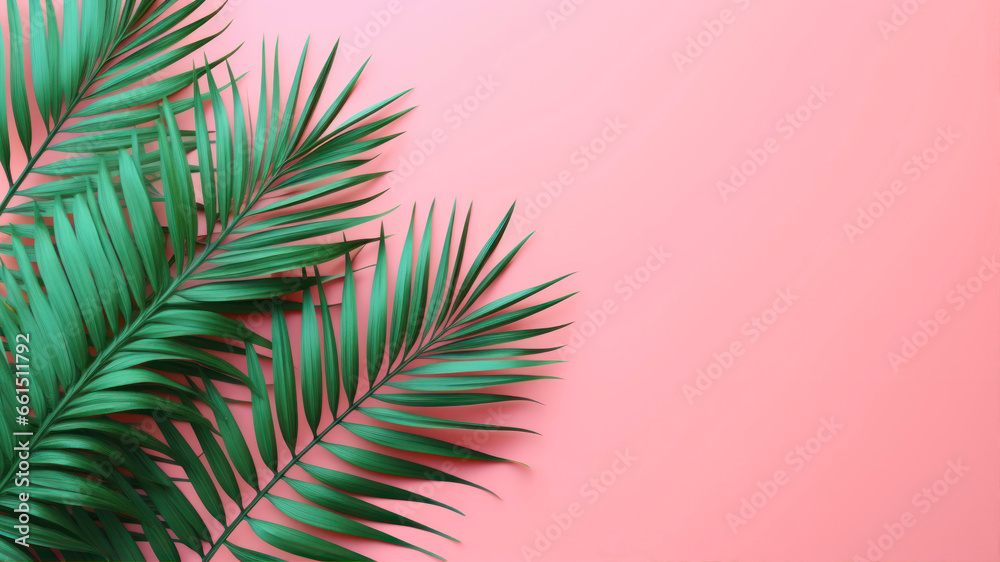 Tropical palm leaves on pink background, flat lay. Space for text Tropical palm leaves on pink background, flat lay. Space for text