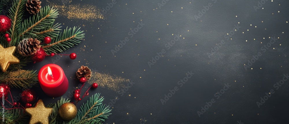 Top view of a festive Christmas frame, beautifully created with vibrant spruce branches, elegant red bows, and shimmering gold stars, encasing a generous empty space.