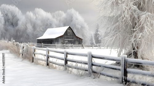 A barn and fence covered in fresh snow high resolution