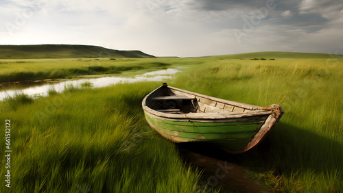 A boat parked on grassland on green background