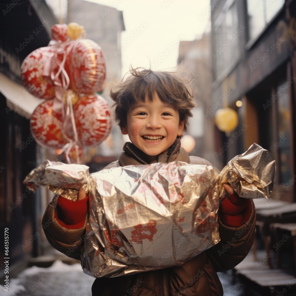 A young boy, dressed in bright clothing, stands outside a grand building, beaming with joy as he holds a beautifully wrapped present in his hands