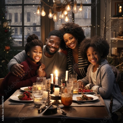 A warm winter gathering  with flickering candlelight casting a cozy glow on a smiling family gathered around a table adorned with festive tableware  as they share drinks and laughter in the comfort o