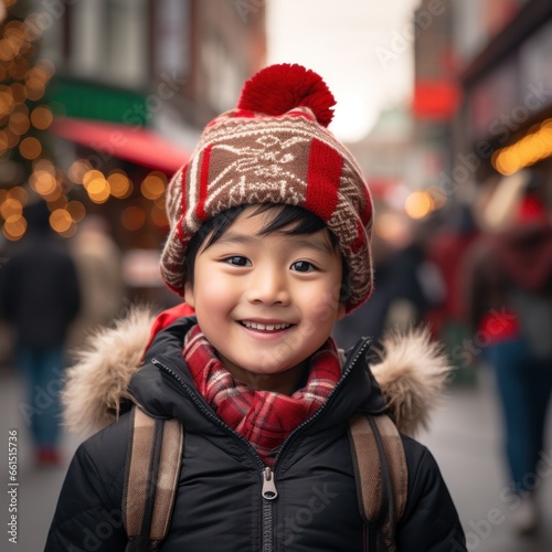 A joyous young child, bundled up in a red winter jacket and cozy scarf, beams with excitement as they walk down a snowy street adorned with festive buildings, their playful bonnet and warm hat adding © mockupzord
