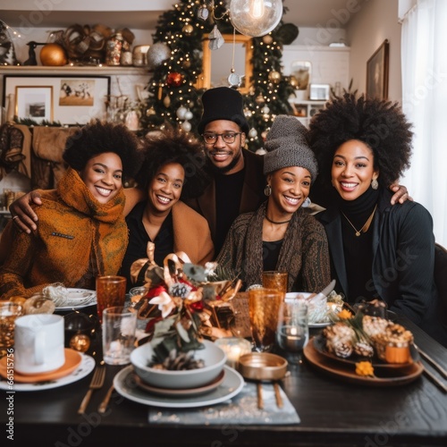 A family gathers around the indoor table, dressed in festive clothing and smiles, surrounded by tableware and a christmas-themed wall, posing for a holiday party with food and coffee, creating a warm