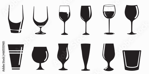Glasses silhouette vector. Including wineglass, cocktail glass, champagne, and much more. Vector illustration