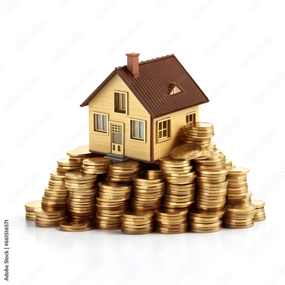 Mini house with pile of coins, concept of investment property. Isolated on white background Mini house with pile of coins, concept of investment property. Isolated on white background