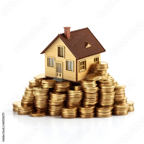 Mini house with pile of coins, concept of investment property. Isolated on white background