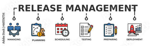 Release management banner web icon vector illustration concept with icon of managing, planning, scheduling, building, testing, preparing and deployment