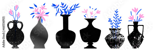 A kit of trendy ceramics vases with halftone textures with doodles flowers and leaves. Grunge background with dots. Vector contemporary illustration with cut out elements