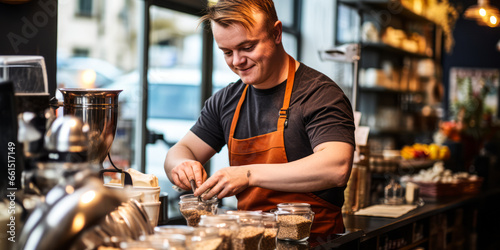 Skilled Barista with Down Syndrome Crafting Coffee in Café