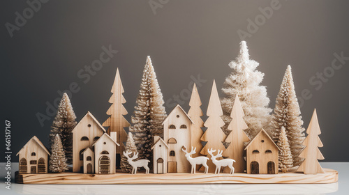 Wooden model of a forest village with reindeer. AI Generated