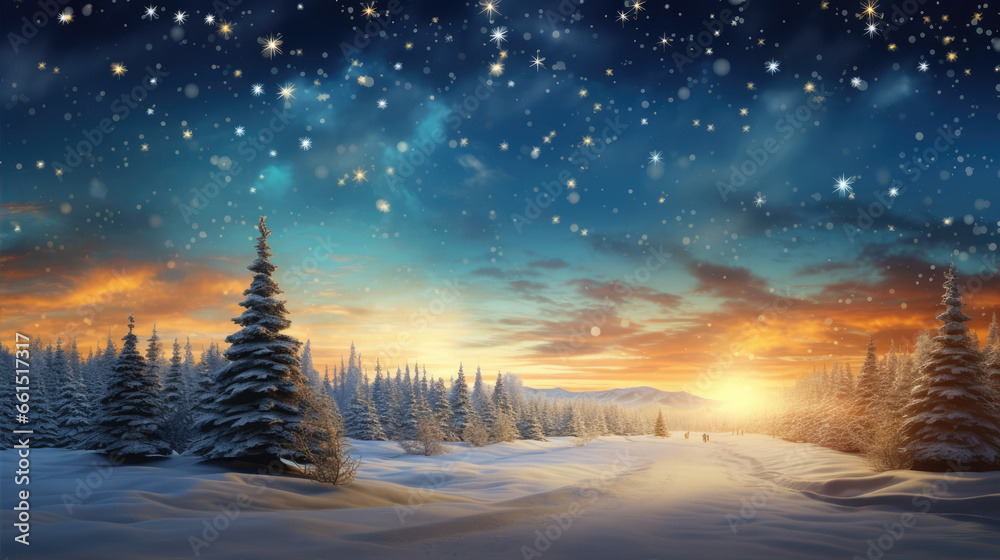 Enchanting Winter Sunset with Starry Sky