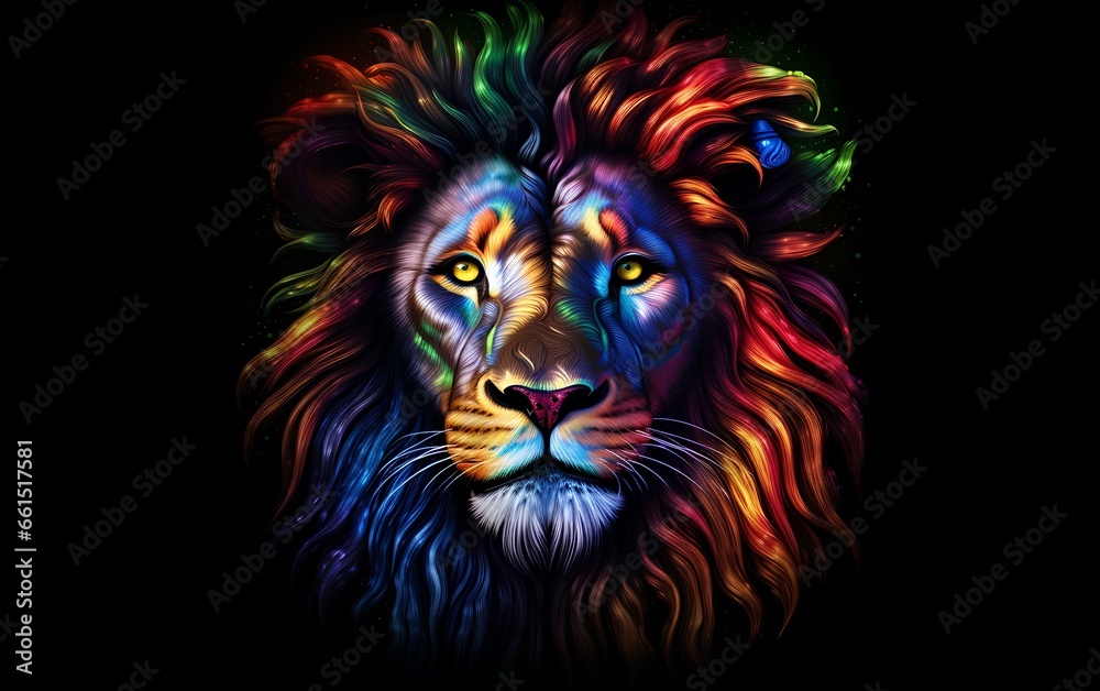 A beautiful lion's head illuminated with a bright multicolored rainbow light.