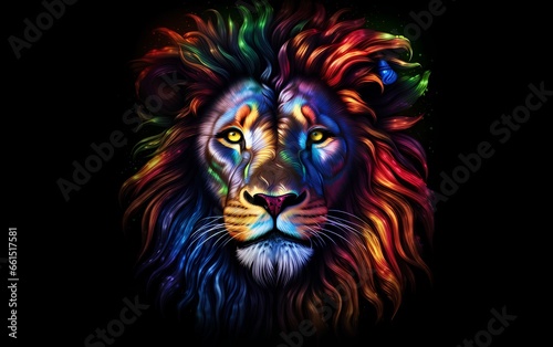 A beautiful lion s head illuminated with a bright multicolored rainbow light.