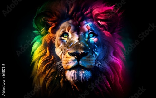 A beautiful lion s head illuminated with a bright multicolored rainbow light.