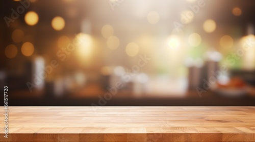 Empty Beautiful wood table top and blur bokeh modern kitchen interior background in clean and bright, Ready for product montage