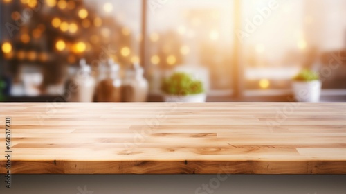 Empty Beautiful wood table top and blur bokeh modern kitchen interior background in clean and bright, Ready for product montage photo