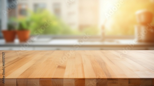 Empty Beautiful wood table top and blur bokeh modern kitchen interior background in clean and bright, Ready for product montage