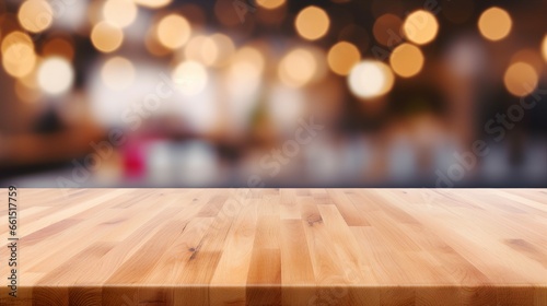 Empty Beautiful wood table top and blur bokeh modern kitchen interior background in clean and bright, Ready for product montage © Spear