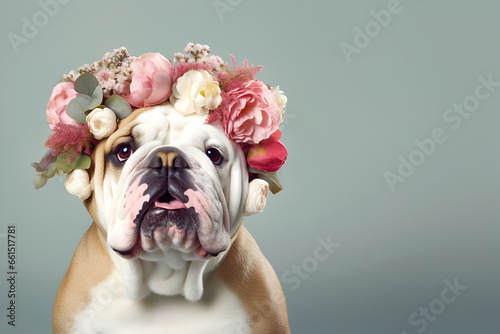 Animal Nature Concept. Bulldog dog wearing a crown of floral fresh pastel spring wreath flowers, commercial, editorial advertisement, surreal surrealism. copy space