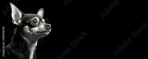 Black and white portrait of a Chihuahua dog isolated on black background banner with copy space