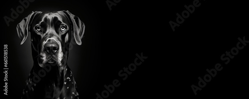 Black and white portrait of a Great Dane dog isolated on black background banner with copy space photo