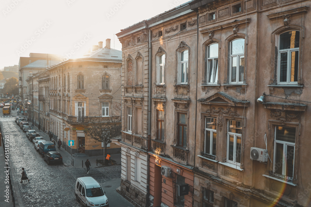 Lviv old city panorama view at sunrise