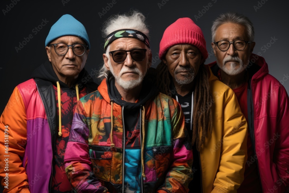 Group portrait of elderly men from diverse races wearing vibrant attire. Group portrait of elderly men from diverse races wearing vibrant attire.