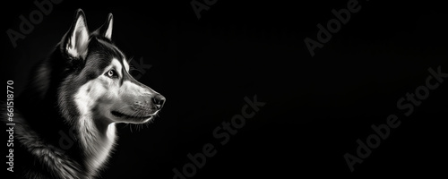 Black and white portrait of a Siberian Husky dog isolated on black background banner with copy space photo
