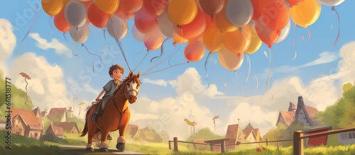 simple illustration of a child playing with lots of big balloons and a horse-drawn carriage photo