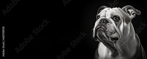 Black and white portrait of an English Bulldog isolated on black background banner with copy space photo