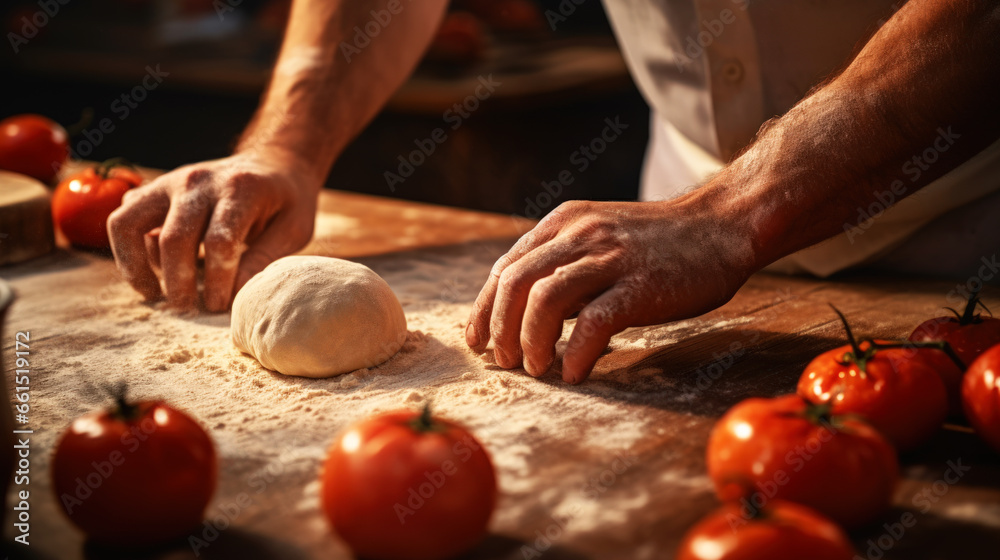 Chef spreading tomato sauce on dough while preparing a pizza in his restaurant. Chef spreading tomato sauce on dough while preparing a pizza in his restaurant.