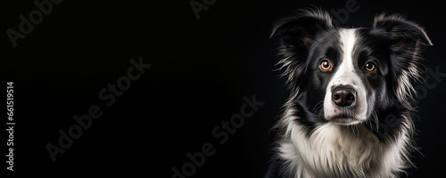 Portrait of a Border Collie dog isolated on black background banner with copy space © JoelMasson