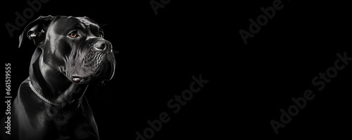 Portrait of a Cane Corso dog isolated on black background banner with copy space