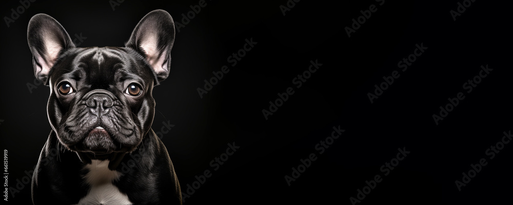 Portrait of a French Bulldog isolated on black background banner with copy space