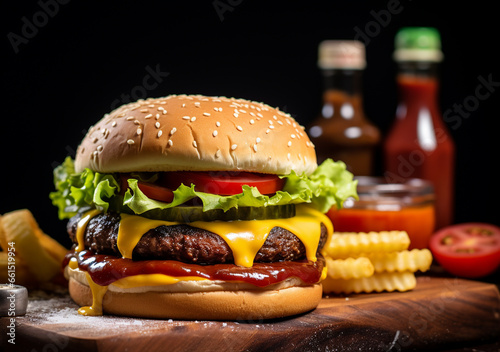 Illustration of unhealthy but delicious hamburger. Popular western food. Generative AI