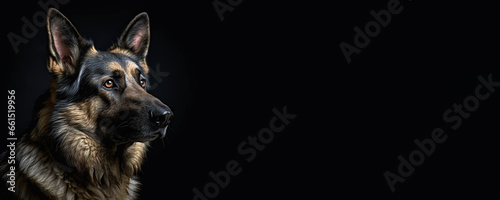 Portrait of a German Shepherd dog isolated on black background banner with copy space