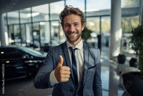 Successful luxury automobile business concept. Friendly Adult car seller dressed in suit in car salon showroom with cars on background. Salesman with thumb up look into camera