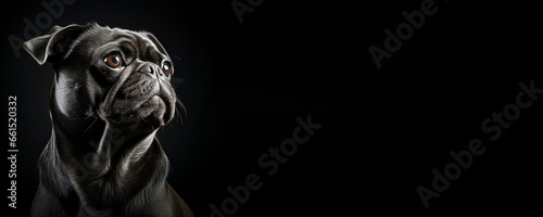 Portrait of a Pug dog isolated on black background banner with copy space