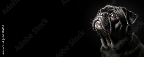 Portrait of a Pug dog isolated on black background banner with copy space