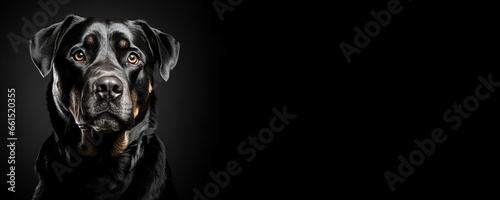 Portrait of a Rottweiler dog isolated on black background banner with copy space photo