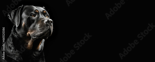 Portrait of a Rottweiler dog isolated on black background banner with copy space photo