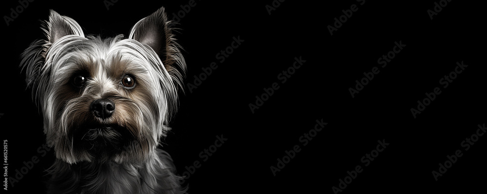 Portrait of a Yorkshire Terrier dog isolated on black background banner with copy space