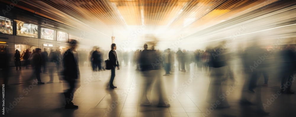 Crowd of people walking through a subway station, motion blur