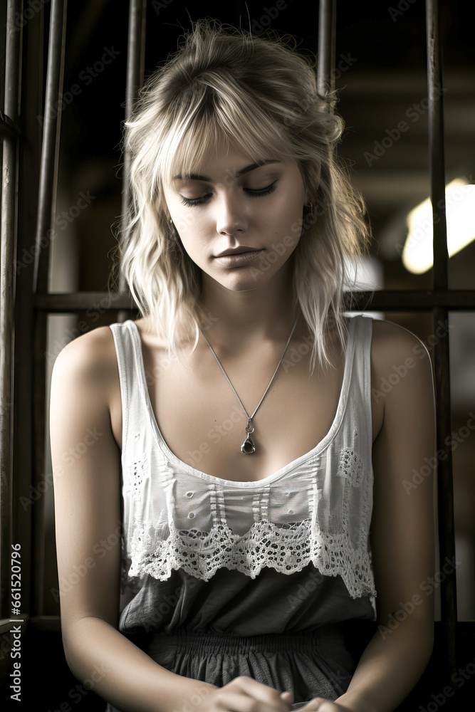 Sad young woman in prison cell