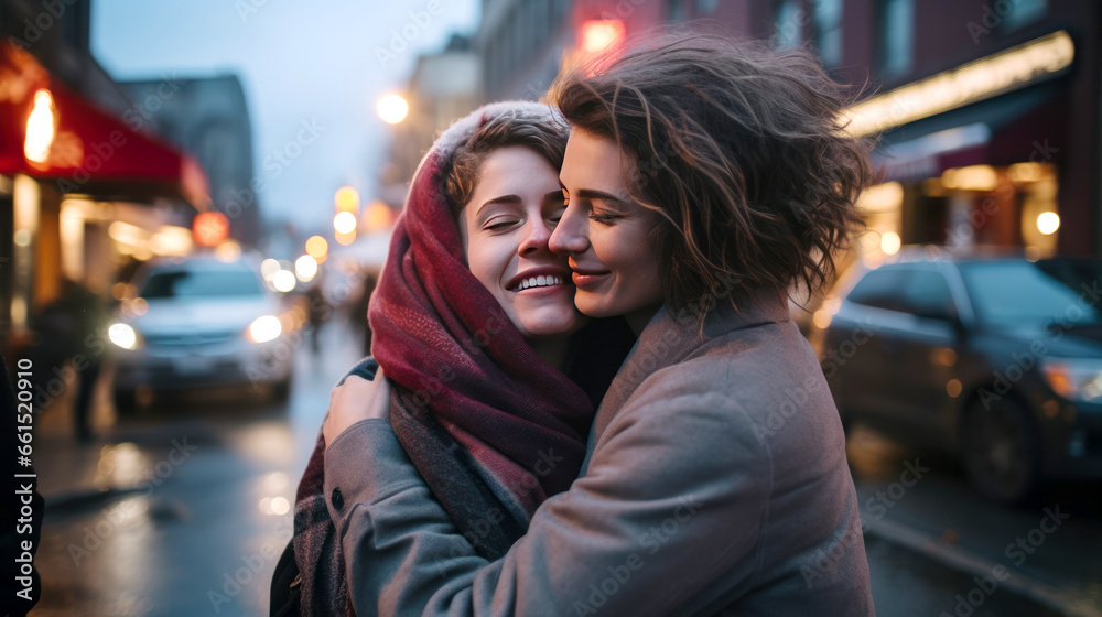 Valentine's Day concept. Two women hugging each other with love. Valentine's Day concept. Two women hugging each other with love.