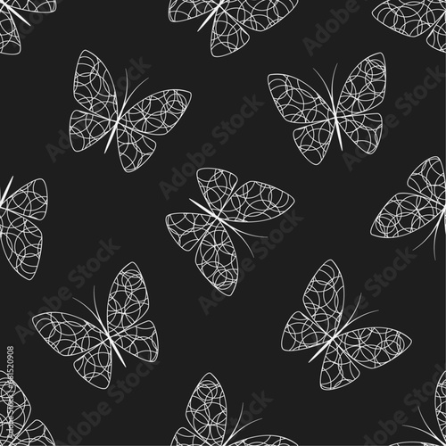 White lace butterflies on black background seamless pattern. Best for textile, wallpapers, wrapping paper, package and home decoration.